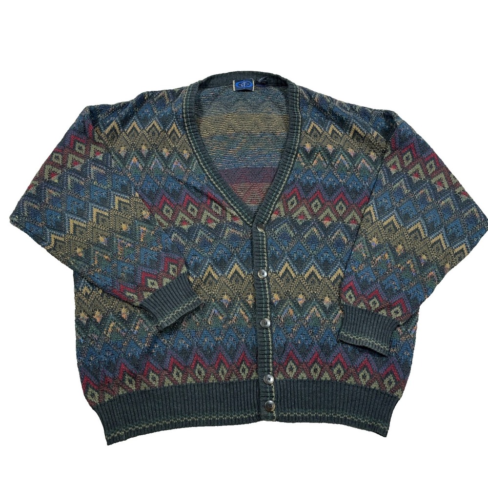 Vintage Cardigan Sweater Men XL Green Grandpa Cosby Geometric Acrylic 90s Golf